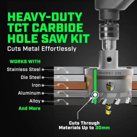 Tungsten carbide hole saw kit, 22-piece set with drill bits, blades and wrenches for metal, stainless steel and wood