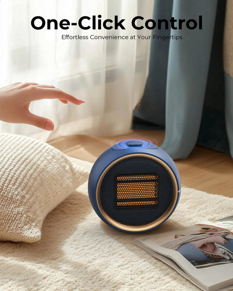 Portable Electric Space Heater With 2S Fast Heating And PTC Ceramic, ultra quiet plug-in heater on a cozy carpet in a bedroom.