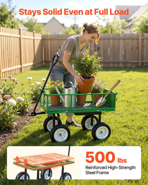Woman using Beast Mode 500 Lbs Garden Cart With Seat, 2-In-1 Wagon And Stool, adjustable handle, carrying plants and tools