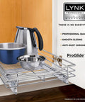 Knockout Kitchen Pull Out Cabinet Organizer With Heavy Duty Commercial Glide System featuring pots and pans on a chrome shelf.