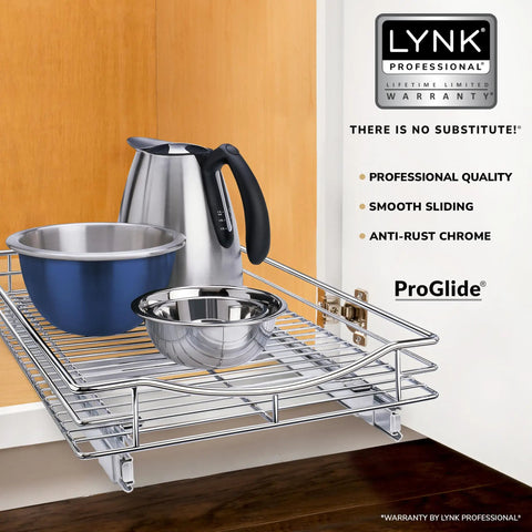 Knockout Kitchen Pull Out Cabinet Organizer With Heavy Duty Commercial Glide System featuring pots and pans on a chrome shelf.