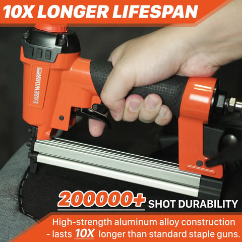 Badass Pneumatic Staple Gun That Knocks Out 22 Gauge Fasteners Without Any Hang Ups And Provides Ridiculously Smooth Operation For Reupholstering Chairs While Crushing Weekend Woodworking Builds in use with aluminum construction.