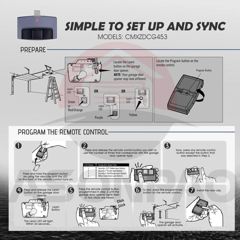 Setup instructions for 2-Pack Universal Garage Door Opener Remote For Sears Craftsman LiftMaster And Chamberlain Systems