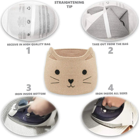Unpacking and straightening Large Cotton Rope Storage Basket With Cozy Cat Face Design, woven laundry organizer