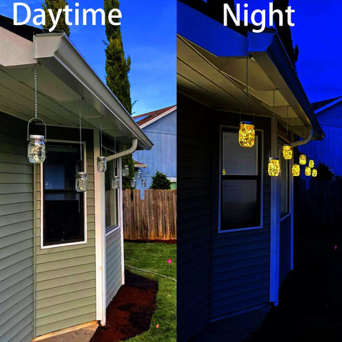 Lit Solar Mason Jar Lights 4 Pack With 30 LEDs Starry Fairy String Hanging Jar Lights illuminating patio day and night