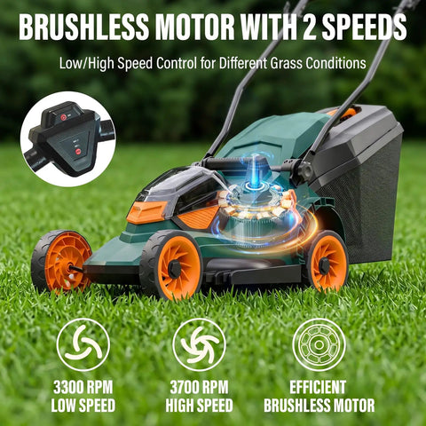 40V Cordless Push Lawn Mower With Brushless Motor 17 Inch Deck 5 Position Height Adjustment Low And High Speed Modes At 3300 RPM And 3700 RPM For Smooth Clean Cuts, side view on grass