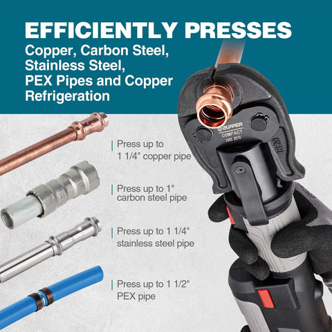 Compact Press Tool Kit With One Half Inch Three Quarter Inch And One Inch Copper Pipe Jaws For ProPress American Standard Fittings Durable Pro Grade Lightweight And Easy To Use Ideal For Pros And DIY Home Plumbing Projects. press tool with jaws on copper pipe
