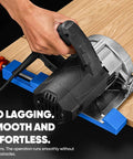 Adjustable Guide Rail For Cut Like Butter Performance Heavy Duty Anti Slip Milling Track in use with a circular saw on wood.