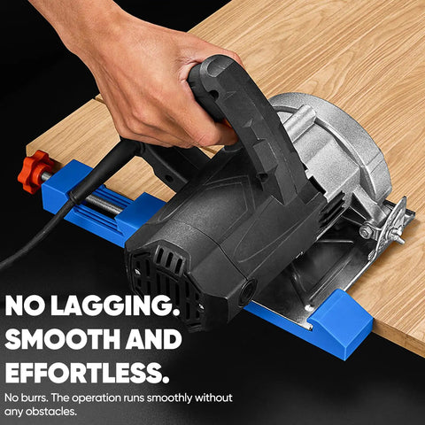 Adjustable Guide Rail For Cut Like Butter Performance Heavy Duty Anti Slip Milling Track in use with a circular saw on wood.