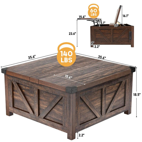 Dope Farmhouse Lift Top Coffee Table With Storage And USB Charging Station Wood Square Center Table With Hidden Space Brown