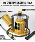 Front view of a yellow 20-ton hydraulic bottle jack with a steel base and air-assisted aluminum pump