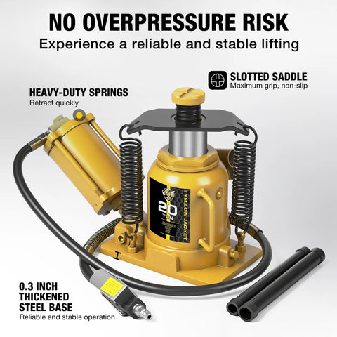 Front view of a yellow 20-ton hydraulic bottle jack with a steel base and air-assisted aluminum pump
