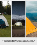 Collage showing tents in forest, desert, and mountain, ideal for Six Pack 11 Inch Stainless Steel Tent Stakes For Camping Gear.