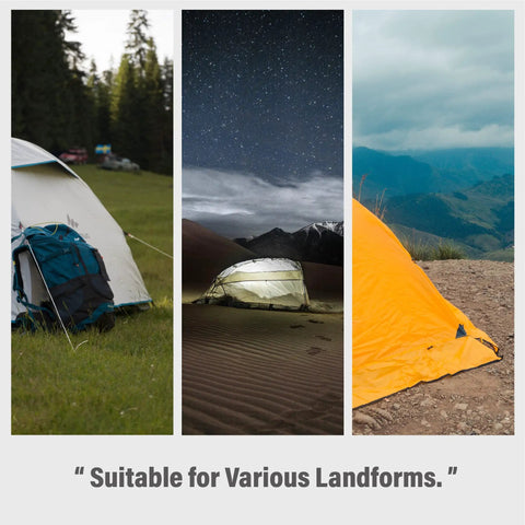 Collage showing tents in forest, desert, and mountain, ideal for Six Pack 11 Inch Stainless Steel Tent Stakes For Camping Gear.