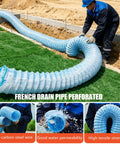 Worker installing 4 Inch Corrugated PVC Drain Pipe With Soft Infiltration For French Drain And Yard Drainage System Ideal For Gardens And Lawns