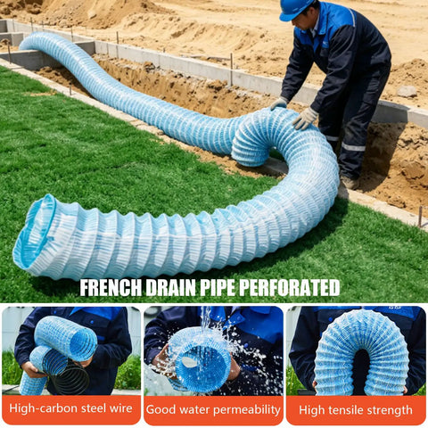 Worker installing 4 Inch Corrugated PVC Drain Pipe With Soft Infiltration For French Drain And Yard Drainage System Ideal For Gardens And Lawns