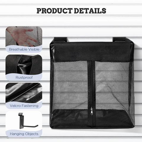 Large Mesh Slatwall Baskets Set Of 2 With 4 Hooks, 16x16x12 Inch Hanging Slat Wall Baskets, 48L capacity shown on slatwall