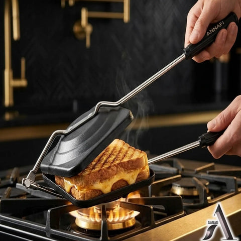AnNafi Cast Iron Sandwich Maker Stove Top Grill Press Non Stick Hand Toaster Pan For Gas Flame with grilled cheese.