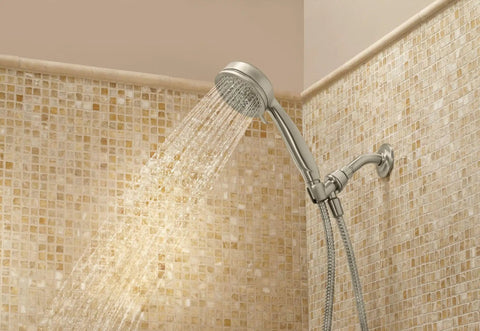 Caldwell 4.25 Inch Five Function Handheld Shower With Bracket And 60 Inch Hose Spot Resist Brushed Nickel in bathroom