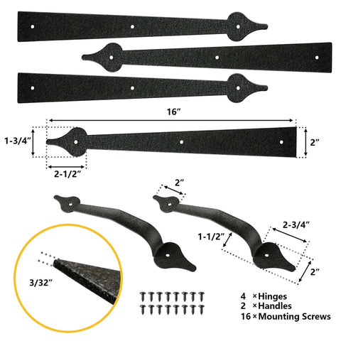 Steel Garage Door Decorative Hinges, Handles And Accents Hardware Kit With Screw Mount In Black Powder Coat, Rust Resistant
