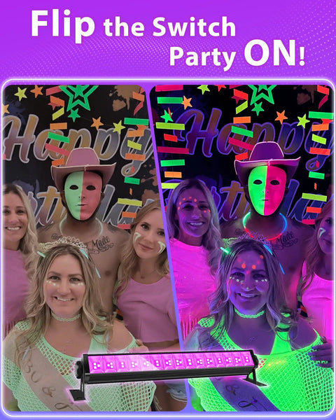 3 Pack 42W LED Black Light Bar Flood Lights With Plug And Switch About Six Foot Power Cord Each Light Covers 24x24ft Coverage For Glow Party Vibes In Bedrooms Game Rooms Body Paint And Stage Lighting showcased illuminating a party scene with glowing neon face and body paint.