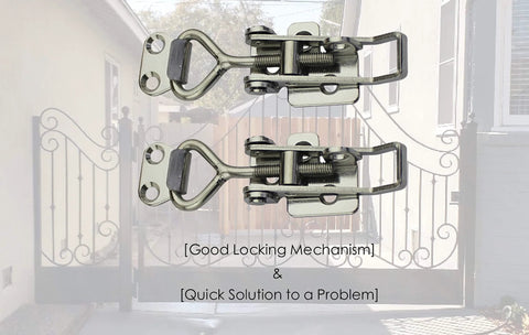 Adjustable 75 To 95mm Stainless Steel Cabinet Latch Lock With Lever Handle Toggle No Fuss Easy Install And Solid Locking Mechanism Heavy Duty Buckle Style For Secure Cabinets 2 Pack SYINE SK-1S shown in outdoor setting