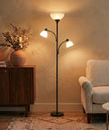 Sky Dome Double LED Floor Lamp With Two Reading Lamps, Torchiere Style, Lit Room-Filling Bright Light, Dimmable Tall Standing Lamp For Living Room, Office, Bedroom Reading, Black Pole in cozy living room setting