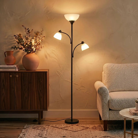 Sky Dome Double LED Floor Lamp With Two Reading Lamps, Torchiere Style, Lit Room-Filling Bright Light, Dimmable Tall Standing Lamp For Living Room, Office, Bedroom Reading, Black Pole in cozy living room setting