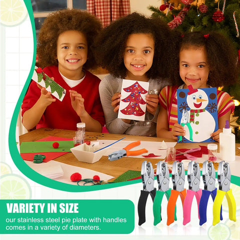 Children crafting with Grab And Go Six Piece Craft Hole Punchers Set, showing handheld metal punches in various colors and DIY projects.