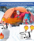 Stay Toasty Outdoors With A 30,000 BTU Dual Head Propane Heater Outdoor in use at a snowy campsite near an orange tent