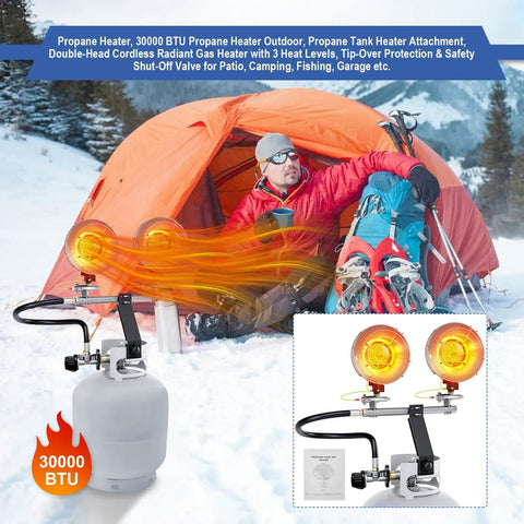 Stay Toasty Outdoors With A 30,000 BTU Dual Head Propane Heater Outdoor in use at a snowy campsite near an orange tent
