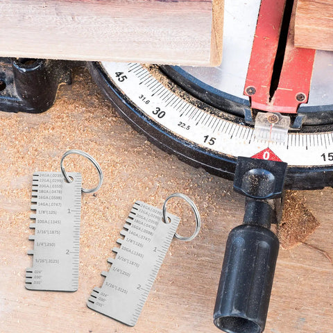 Three Piece Stainless Steel Wire Gauge Measuring Tool Set For Wire And Metal Sheet Thickness on workshop table