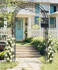 Metal Garden Arch Gate 51 Inch Long By 88 Inch Tall, Rustproof Steel Arch Trellis for Climbing Plants in a garden walkway setting