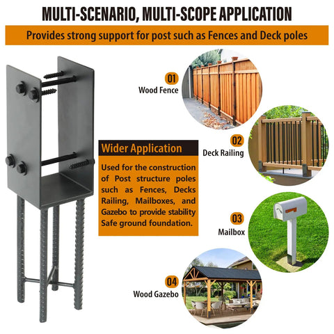 Heavy Duty Stainless Steel U Shape 4x4 Post Holder Bracket Built To Last For Wet Concrete Foundations Post Base For Fence Deck Railing And Pergola Wood Posts Actual 3.5 By 3.5 Inches Dark Grey shown supporting various structures.