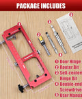 Pro Grade Aluminum Alloy Door Hinge Jig For Routers, Adjustable Hinge Template with included bits and manual on wood surface