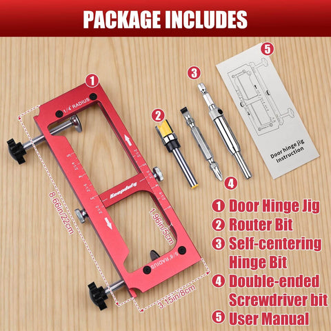 Pro Grade Aluminum Alloy Door Hinge Jig For Routers, Adjustable Hinge Template with included bits and manual on wood surface