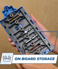 Hands holding Pro Grade Shelf Hole Jig For Clean Wobble Free Shelves With Six Hardened Steel Drill Guides and onboard storage feature.