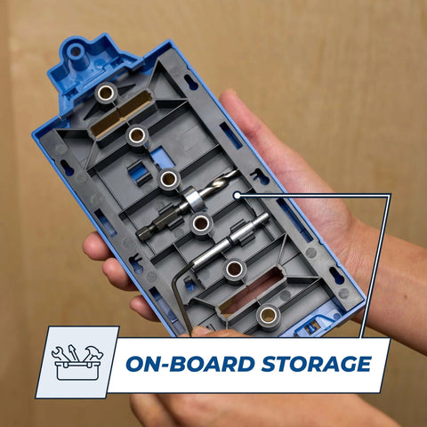 Hands holding Pro Grade Shelf Hole Jig For Clean Wobble Free Shelves With Six Hardened Steel Drill Guides and onboard storage feature.