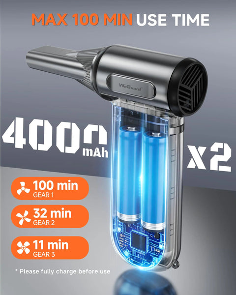 Ultra Powerful Electric Air Duster With LED Light, 180000 RPM Turbo Blower, Three Speed Control, transparent battery view
