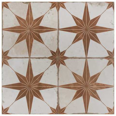 Kings Star Oxide Ceramic Tile Seventeen And Five Eighths Inch Square For Floor And Wall, Glazed Textured Low Sheen, with star pattern.