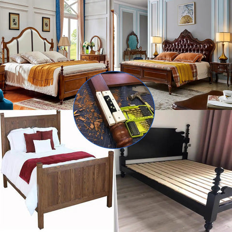 Heavy Duty Bed Frame Brackets Set Of Two With Screws Built Dang Strong Double Hook Headboard Connectors For Wooden Beds showing various bed styles and a connection detail.