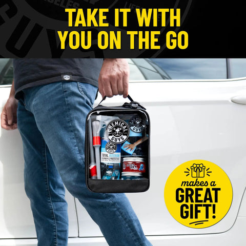 Person carrying All In One Interior Car Cleaning Kit With Storage Bag, Total Interior Cleaner, Microfiber Towels, Detailing Brushes, Cleaning Gel