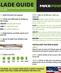 Blade guide showing step-by-step instructions for replacing lawn mower blades with images of different blade types and comparison chart.