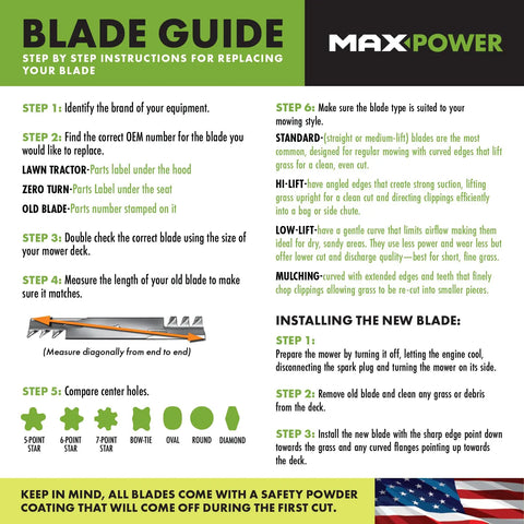 Blade guide showing step-by-step instructions for replacing lawn mower blades with images of different blade types and comparison chart.