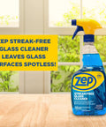 Streak Free Glass Cleaner With Ammonia Based Pro Grade Formula For Windows, Mirrors And All Glass Surfaces; single bottle on window sill