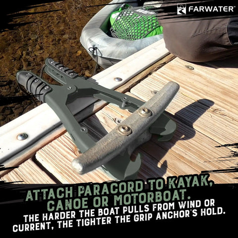 Canoe Kayak Anchor Grip With Teeth Clamps And 15ft Paracord, Patented Design For Securing Boats, Rubber Grips, Coated Steel, Matte Green on dock