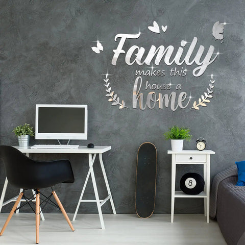 3D Acrylic Mirror Wall Decor Kit With Family Makes This A Home Quote DIY Removable Wall Decals Include Butterfly Heart And Leaf Accents