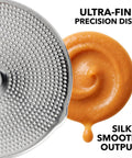 Ultra-fine precision disc of 4 Disc Stainless Steel Food Mill With Ergonomic Hand Crank For Tomato Sauce Canning Applesauce Baby Food Mashed Potatoes Puree And Jams A Pro Grade All In One Kitchen Tool For Precise Texture Control And Smooth Results, next to smooth puree output.