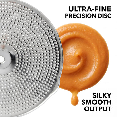 Ultra-fine precision disc of 4 Disc Stainless Steel Food Mill With Ergonomic Hand Crank For Tomato Sauce Canning Applesauce Baby Food Mashed Potatoes Puree And Jams A Pro Grade All In One Kitchen Tool For Precise Texture Control And Smooth Results, next to smooth puree output.