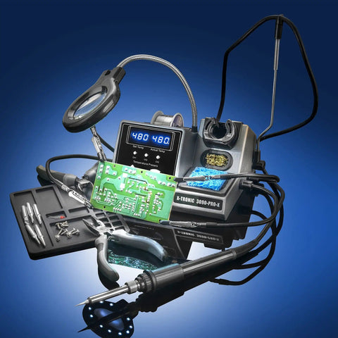 Pro Grade 75 Watt Soldering Station Kit With 5 Extra Tips Dual LED Displays Sleep Function Fahrenheit And Celsius shown on blue background.